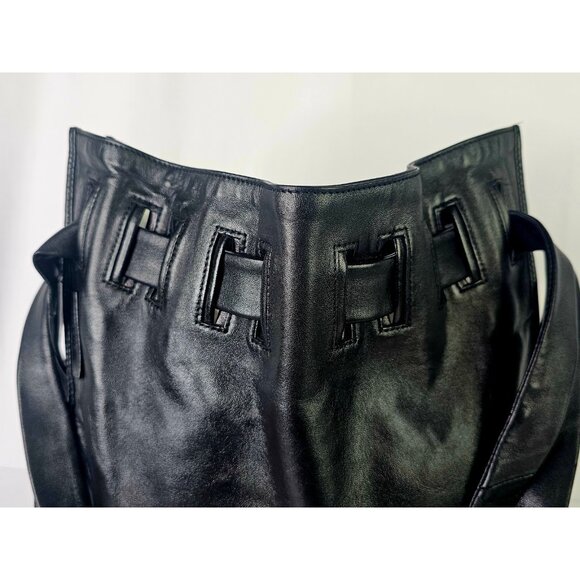 GUCCI Tom Ford Black Leather Drawstring Shoulder Bag Tote GG Double Straps Italy - Picture 13 of 16